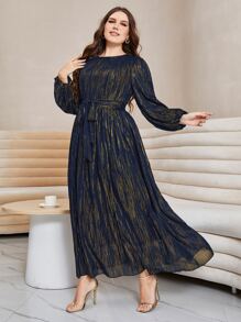Modelyn Plus Lantern Sleeve Belted Metallic Dress - Navy Blue - View 3