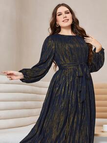 Modelyn Plus Lantern Sleeve Belted Metallic Dress - Navy Blue - View 5