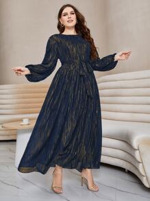 Modelyn Plus Lantern Sleeve Belted Metallic Dress - Navy Blue - View 6