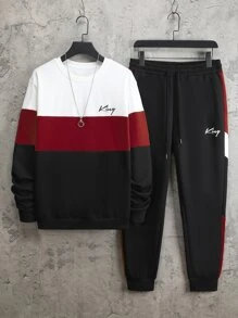 Manfinity Homme Men Letter Graphic Colorblock Sweatshirt & Sweatpants - Multicolor - View 1