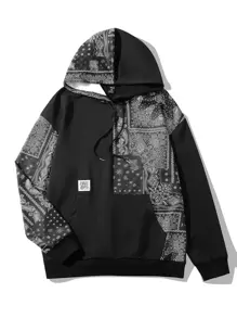 ROMWE MEN Nam In hoa Paisley khăn quàng cổ Dây rút Hoodie - Đen và trắng - Xem 1