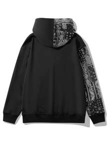 ROMWE MEN Nam In hoa Paisley khăn quàng cổ Dây rút Hoodie - Đen và trắng - Xem 2