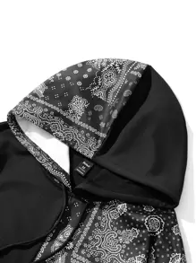 ROMWE MEN Nam In hoa Paisley khăn quàng cổ Dây rút Hoodie - Đen và trắng - Xem 3