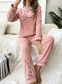 Letter Embroidery Contrast Piping PJ Set - Pink - View 1