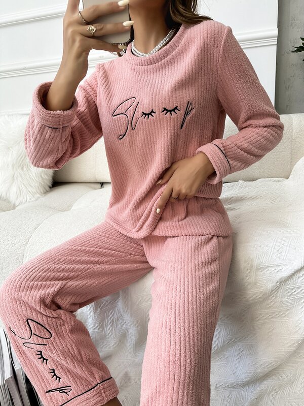 Letter Embroidery Contrast Piping PJ Set SHEIN USA