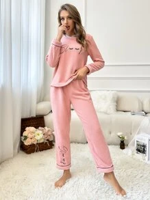 Letter Embroidery Contrast Piping PJ Set - Pink - View 4