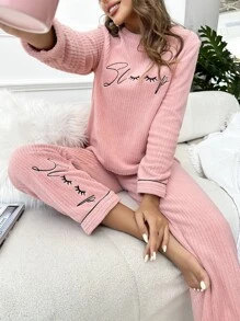 Letter Embroidery Contrast Piping PJ Set - Pink - View 5