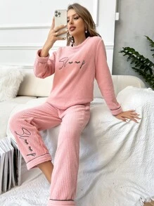 Letter Embroidery Contrast Piping PJ Set - Pink - View 6