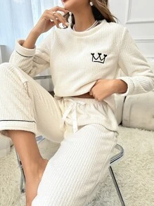 Crown Embroidery Contrast Piping PJ Set / Pajama Set White Set - White - View 1