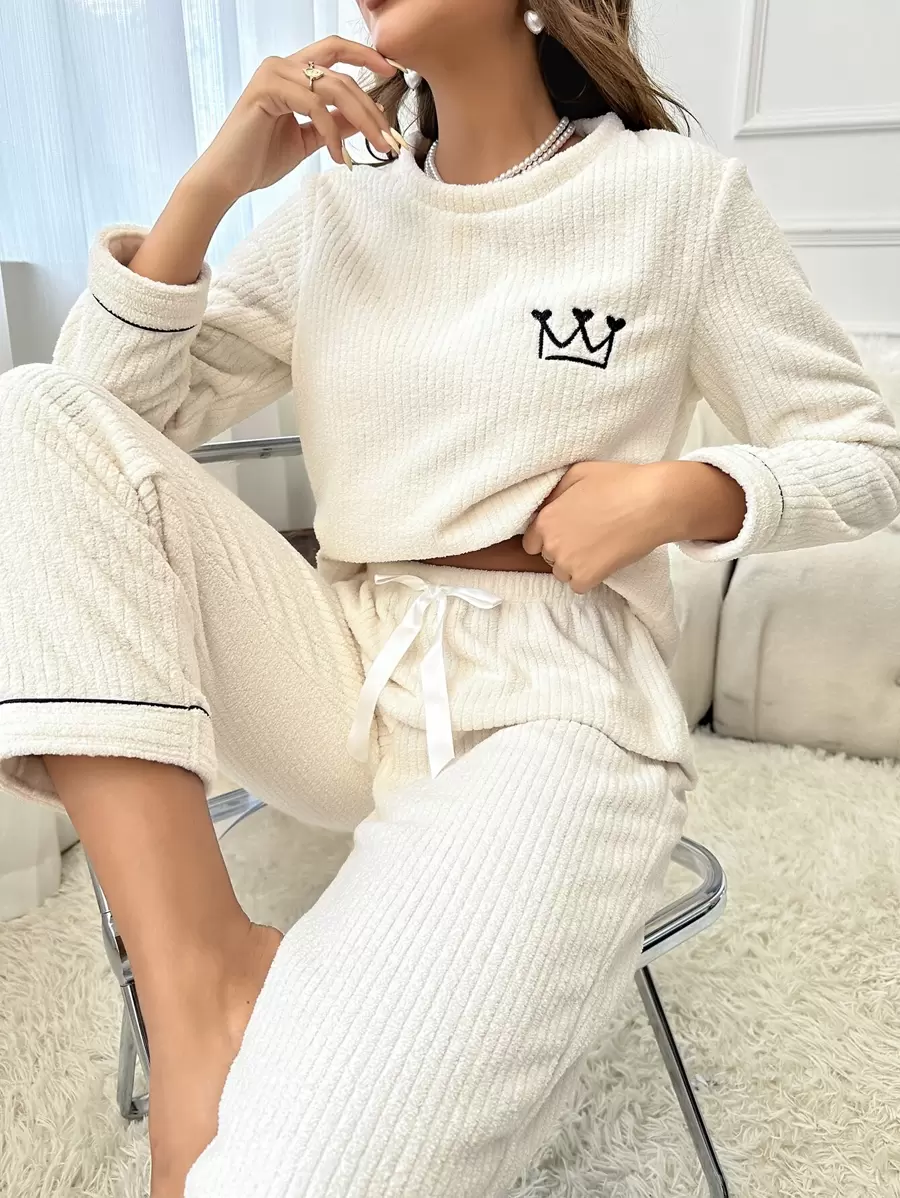 Crown Embroidery Contrast Piping PJ Set / Pajama Set White Set - White - View 1
