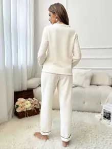 Crown Embroidery Contrast Piping PJ Set / Pajama Set White Set - White - View 2