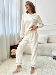 Crown Embroidery Contrast Piping PJ Set / Pajama Set White Set - White - View 3