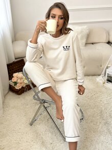 Crown Embroidery Contrast Piping PJ Set / Pajama Set White Set - White - View 4