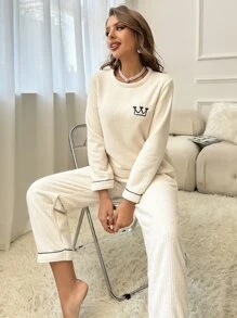 Crown Embroidery Contrast Piping PJ Set / Pajama Set White Set - White - View 6