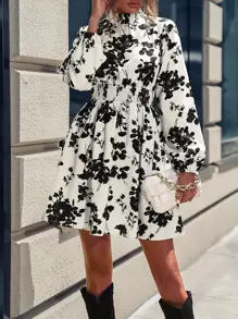 SHEIN Clasi 印花燈籠袖連衣裙 - 杏色 - 查看 1