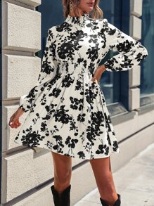 SHEIN Clasi 印花燈籠袖連衣裙 - 杏色 - 查看 4