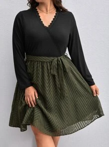 SHEIN Clasi Plus Guipure Lace Trim Belted Dress - Multicolor - View 1