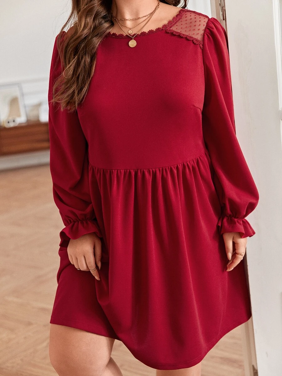 SHEIN Frenchy 大碼拼接水溶蕾絲荷葉袖洋裝 - 紅色 - 查看 1