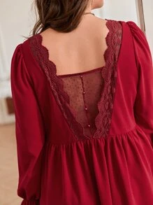 SHEIN Frenchy 大碼拼接水溶蕾絲荷葉袖洋裝 - 紅色 - 查看 2