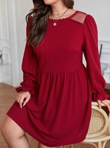 SHEIN Frenchy 大碼拼接水溶蕾絲荷葉袖洋裝 - 紅色 - 查看 5