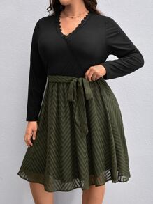 SHEIN Clasi Plus Guipure Lace Trim Belted Dress - Multicolor - View 3