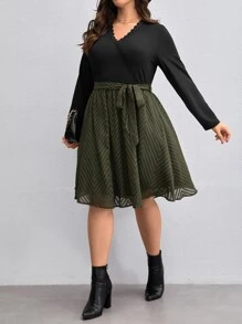 SHEIN Clasi Plus Guipure Lace Trim Belted Dress - Multicolor - View 4