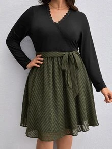 SHEIN Clasi Plus Guipure Lace Trim Belted Dress - Multicolor - View 6