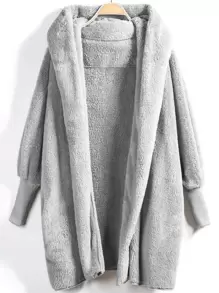 SHEIN LUNE Hooded Open Front Fluffy Teddy Coat - Light Grey - View 1