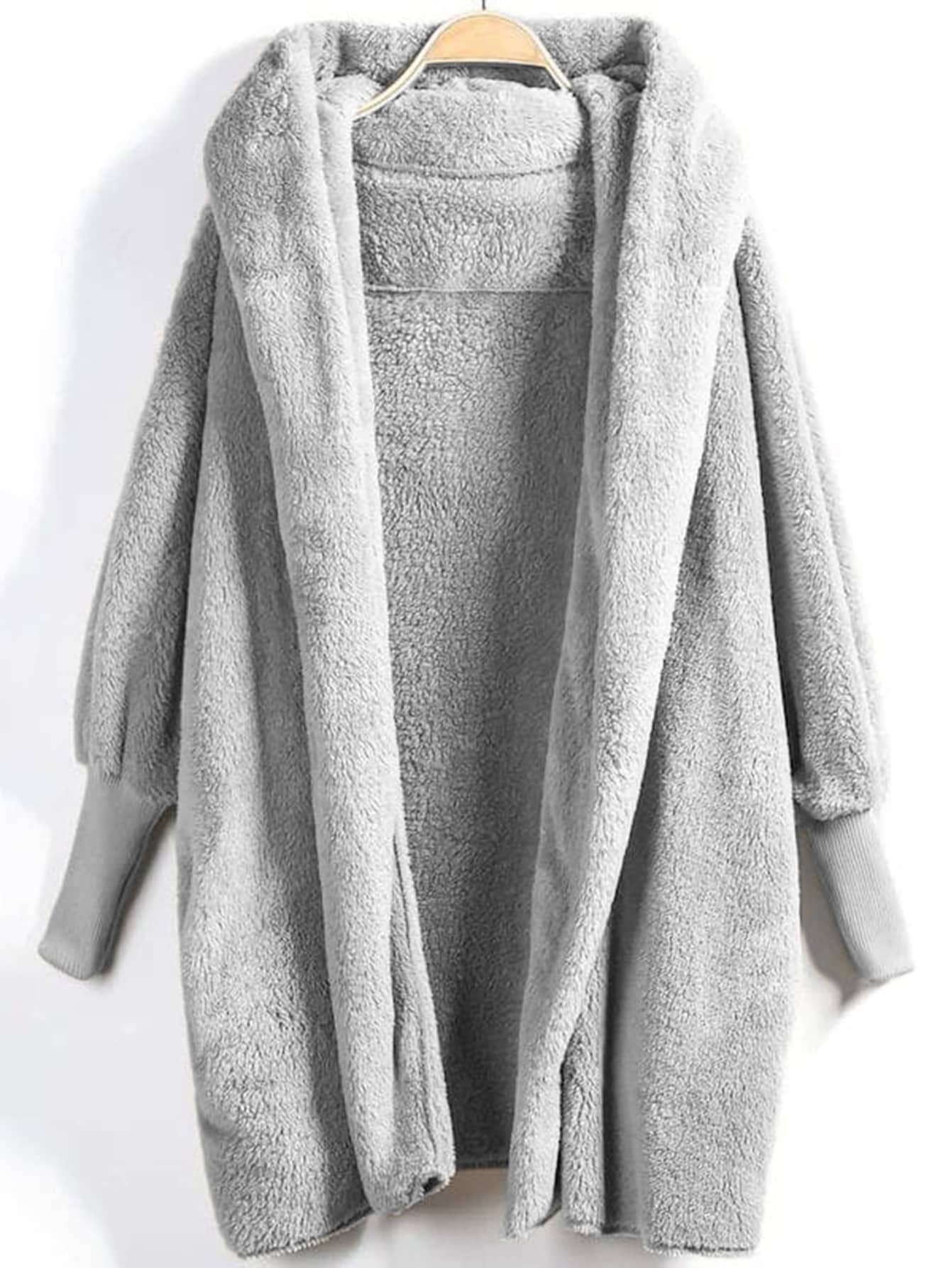 SHEIN LUNE Hooded Open Front Fluffy Teddy Coat - Light Grey - View 1