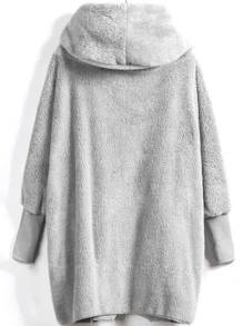 SHEIN LUNE Hooded Open Front Fluffy Teddy Coat - Light Grey - View 2