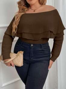 Plus Off Shoulder Foldover Jumper - Coffee Brown - View 1
