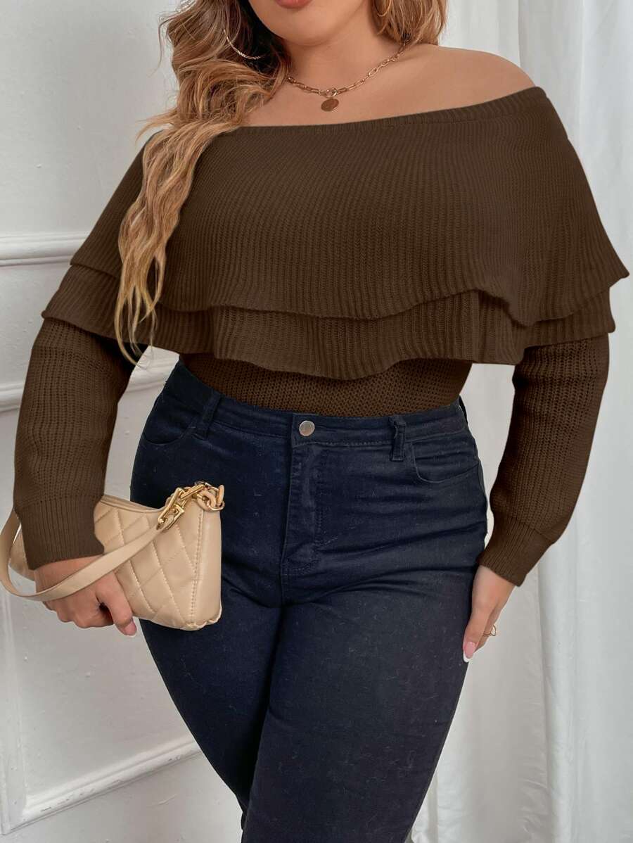 Plus Off Shoulder Foldover Jumper - Coffee Brown - View 1