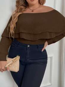 Plus Off Shoulder Foldover Jumper - Coffee Brown - View 3