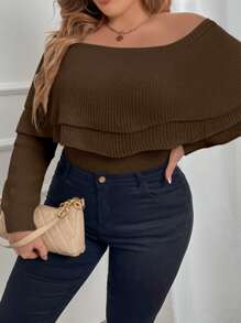 Plus Off Shoulder Foldover Jumper - Coffee Brown - View 4