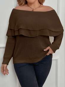 Plus Off Shoulder Foldover Jumper - Coffee Brown - View 6