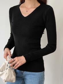 DAZY Suéter de punto acanalado con cuello en V sólido para otoño - Negro - Ver 4