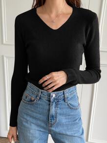 DAZY Suéter de punto acanalado con cuello en V sólido para otoño - Negro - Ver 5