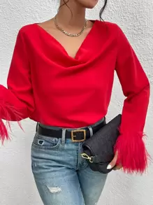 Chiquease Blusa con cuello drapeado y puños de peluche para ropa de Año Nuevo - Rojo - Ver 4