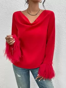 Chiquease Blusa con cuello drapeado y puños de peluche para ropa de Año Nuevo - Rojo - Ver 6