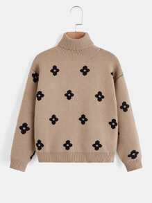 SHEIN Girls Floral Pattern Turtleneck Drop Shoulder Jumper - Apricot - View 1