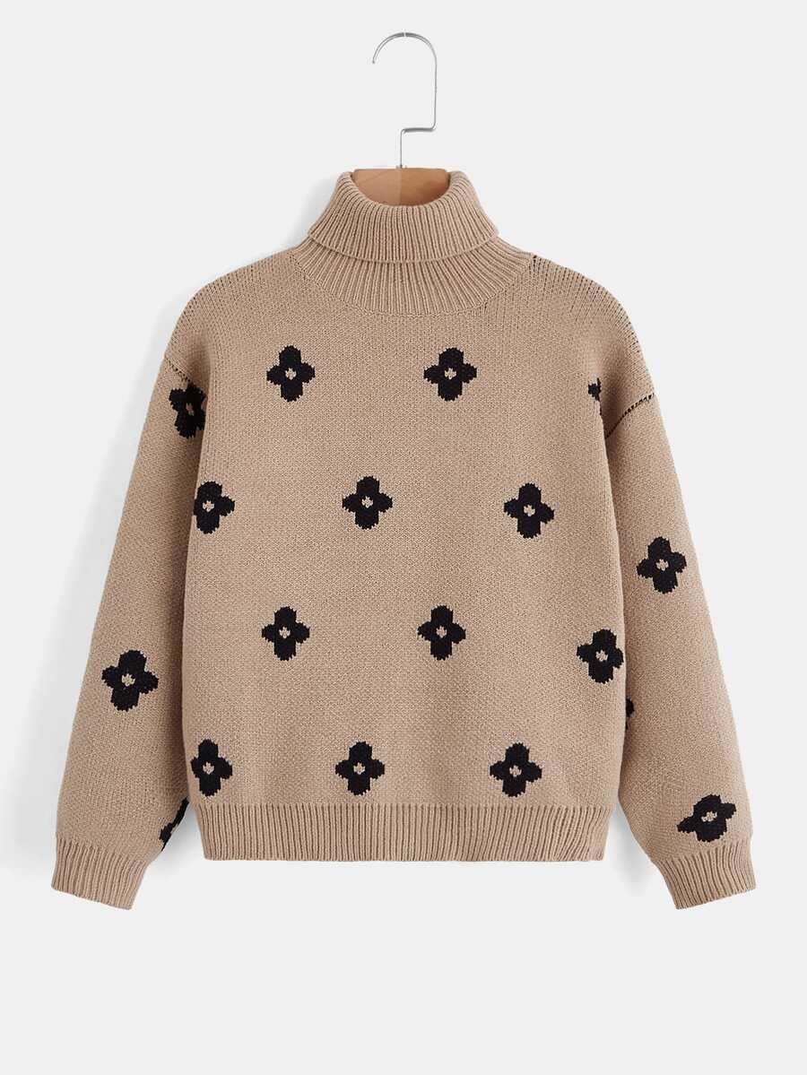 SHEIN Girls Floral Pattern Turtleneck Drop Shoulder Jumper - Apricot - View 1