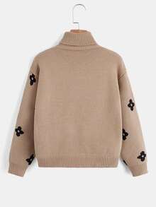 SHEIN Girls Floral Pattern Turtleneck Drop Shoulder Jumper - Apricot - View 2