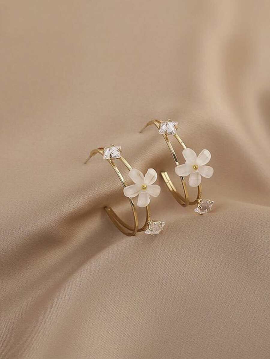 Rhinestone & Hoa trang trí Cuff Hoop Earrings - Vàng - Xem 1