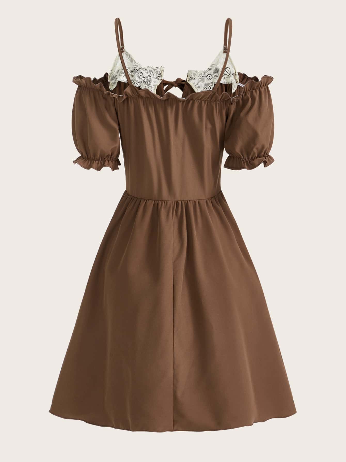 primark edit brown dress Houndstooth Print with Belt Cold Shoulder Long Sleeve Midi Maxi Shirt Dress Ivory Orange / S-M-L/2-2-2 main image 1