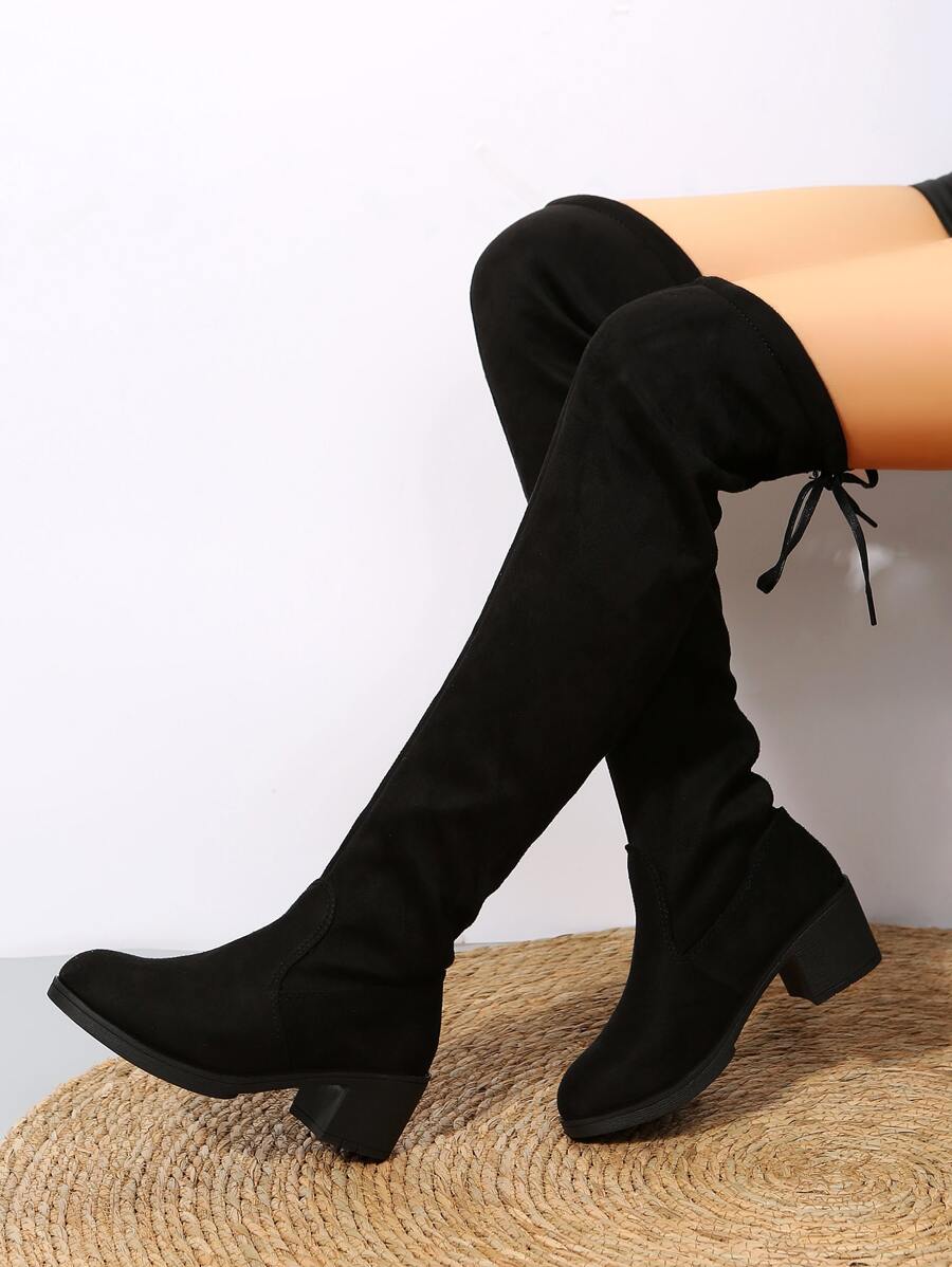 女士黑色後綁帶粗靴子,優雅圓頭中間跟彈力靴 - 黑色 - 查看 1