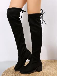 女士黑色後綁帶粗靴子,優雅圓頭中間跟彈力靴 - 黑色 - 查看 3