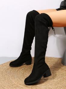 女士黑色後綁帶粗靴子,優雅圓頭中間跟彈力靴 - 黑色 - 查看 6