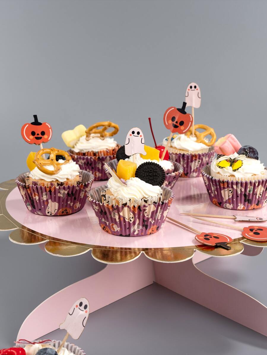 24 piezas Taza de papel de la magdalena Halloween con patrón de calabaza - Multicolor - Ver 1