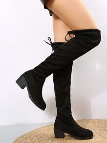 女士黑色後綁帶粗靴子,優雅圓頭中間跟彈力靴 - 黑色 - 查看 7