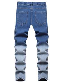 Men Colourblock And Letter Embroidery Flap Pocket Cargo Trousers - Medium Wash - View 2